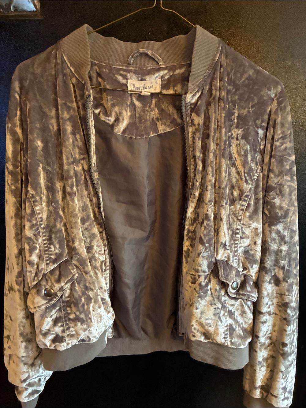 Cloud Chaser Crushed Velvet Bomber Jacket Gray/Taupe L